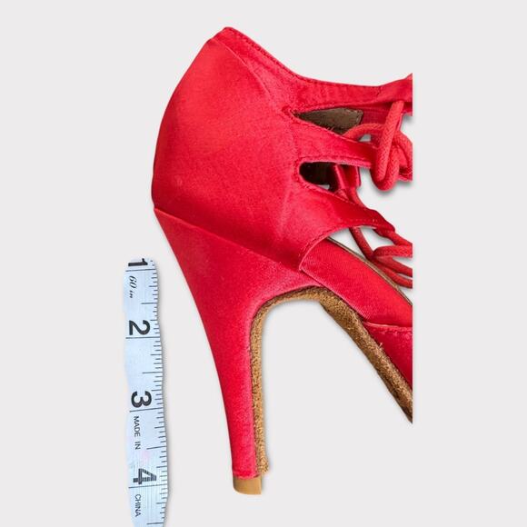 Burju Latin Dance Alemana Red Satin Open Toe Lace Up Heeled Sandals Size 6.5 - Picture 15 of 16
